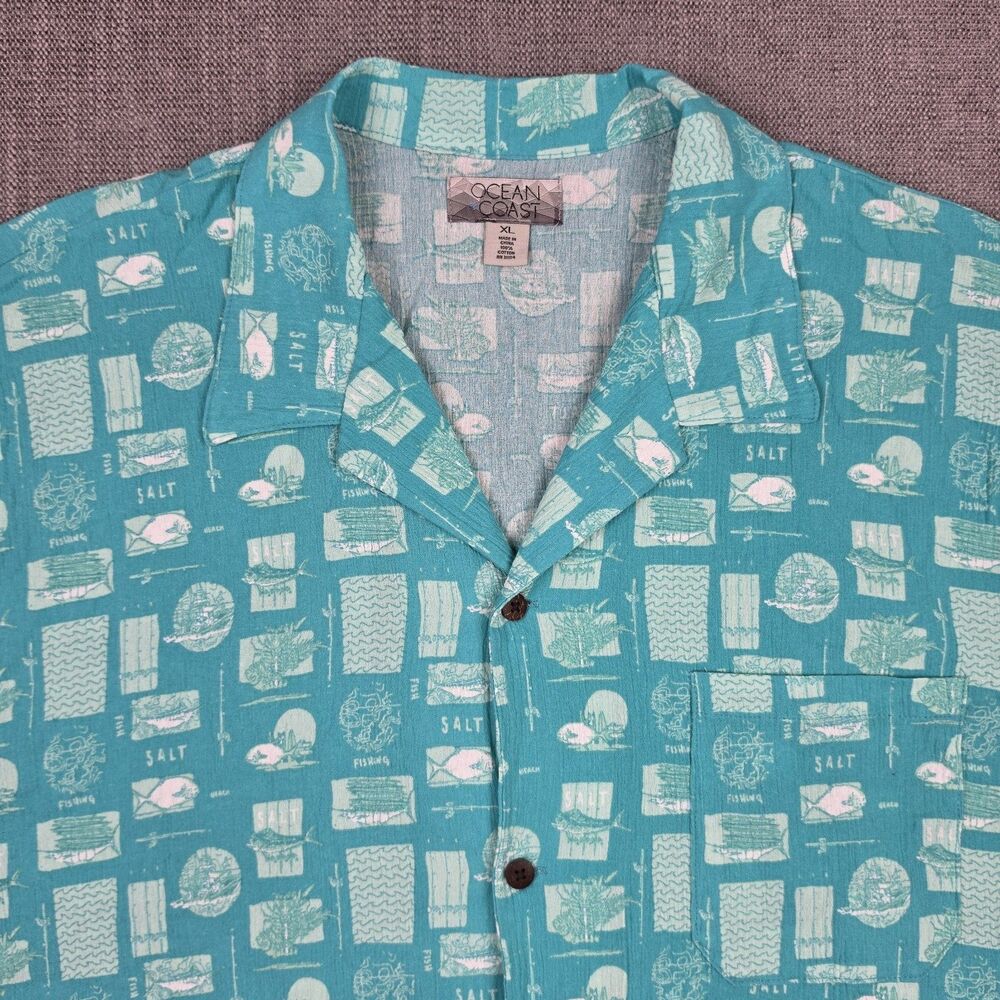 Ocean Coast Shirt Mens XL Turquoise Hawaiian Saltwater Fishing Camp Aloha